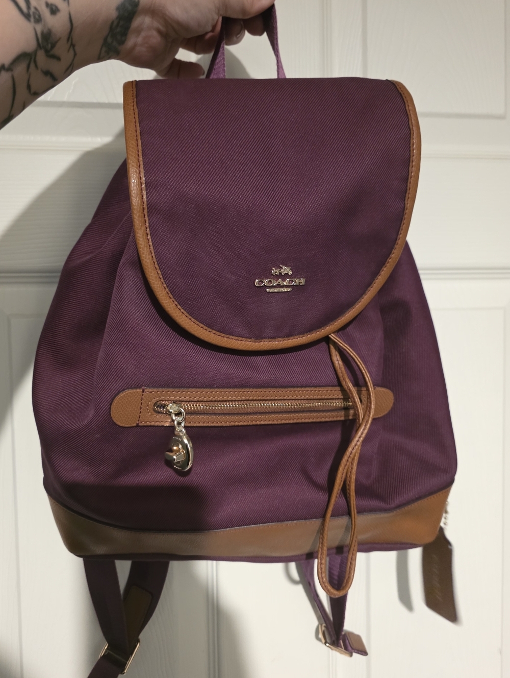 Coach Sawyer Backpack in Canvas (Style #F37240), featuring a purple/plum canvas